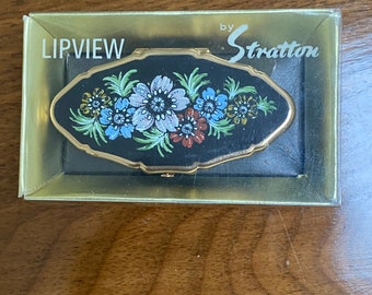 Vintage Stratton Lipview in Original Box/Vintage Lipstick Compact Mirror/Stratton compact black enamel with floral picture