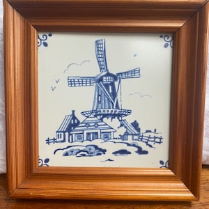 Vintage Framed Ceramic Delft Tile, Hand Painted Blue Ceramic Delft Tile, Dutch Delft Wall Tile, Delft Wall Art, Delft Windmill