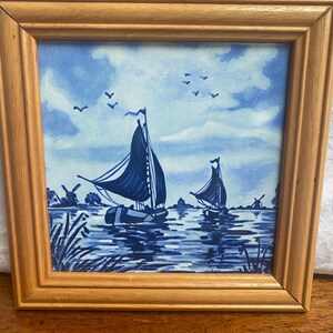 Vintage Framed Ceramic Delft Style Tile, Hand Painted Blue Ceramic Delft Style Tile, Dutch Delft Style Wall Tile, Delft Blue Wall Art