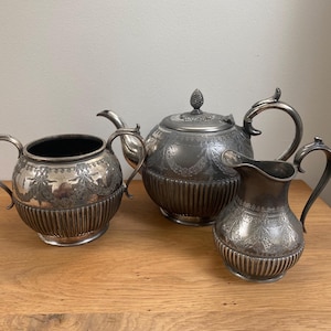 Antique James Dixon Sheffield Ornate Pewter Teapot Set with Sugar Bowl and Milk Jug