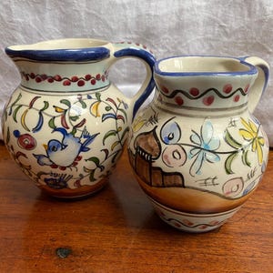 Pair of Vintage Hand Painted Small Floral Portuguese Jugs
