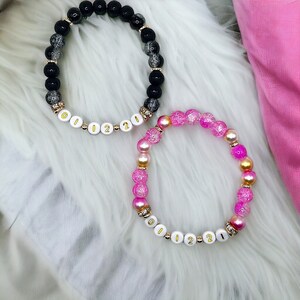 Personalized Date Bracelet Set: Crystal Glass Bead Couple Gift