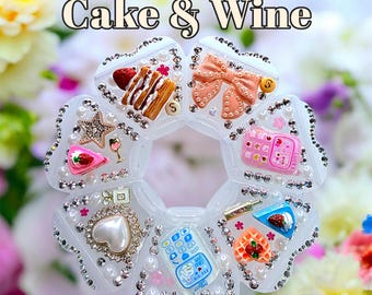 Cake & Wine Pill Organizer, Dessert Charms, Rhinestone Crystals