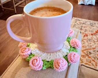 Handmade Crochet Rose Coaster: Eco-Friendly Milk Cotton Floral Mug Holder