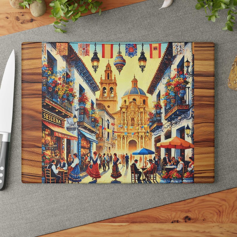 Spanish Inspired Glass Cutting Board, Tempered Glass Kitchen Decor