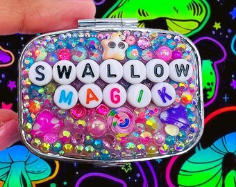 Trippy Mushroom Pill Box: Rhinestone Travel Vitamin Dispenser
