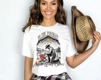 Praying Cowboy Manger T-Shirt, Western Christmas, Christian Cowboy