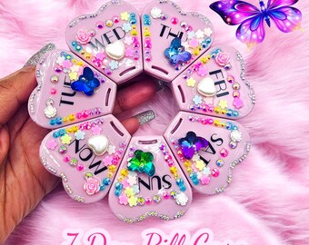 Butterfly Floral 7-Day Pill Box: Rhinestone Vitamin Organizer