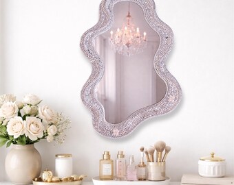 Handmade Rhinestone Wavy Mirror – Glam Vanity Accent Piece, Pearl Embellished Wall Decor