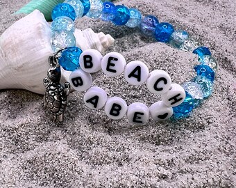 Ocean Blue Beaded Bracelet: Beach Babe Charm, Stackable Jewelry