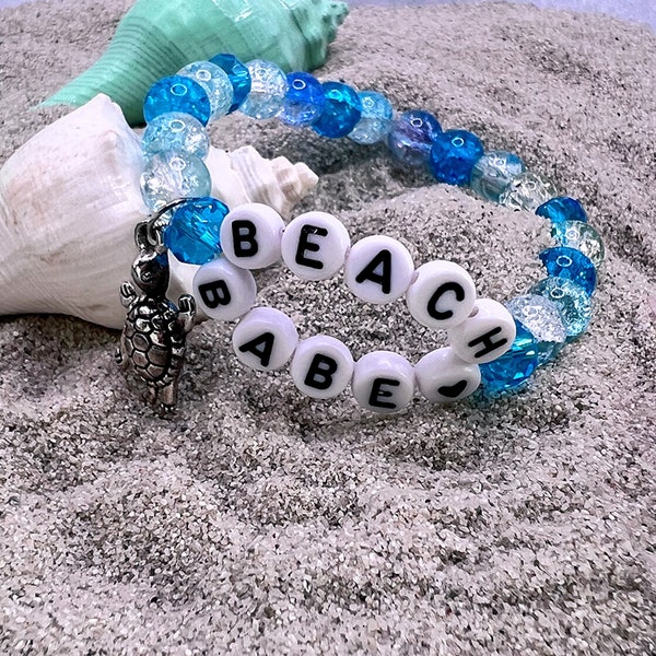 Ocean Blue Beaded Bracelet, Beach Babe Jewelry, Elastic Beach Bracelet, Vacation Bracelet, Surf Bracelet, Summer Word Bracelet, Stackable,