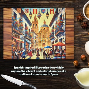 Spanish Street Scene Tempered Glass Cutting Board: Kitchen Decor