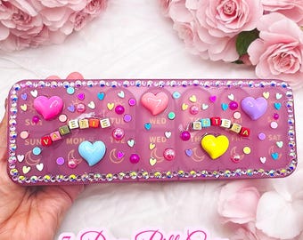 Personalized 7 Day Pill Box: Rhinestone Heart Charm Weekly Organizer