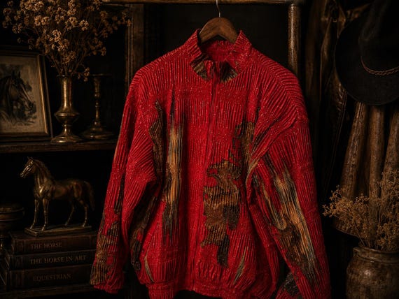 Vintage Mighty Horse Print Pleated Jacket, Red Equestrian Zip Up Statement