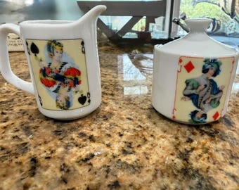 Vintage Playing Card Creamer & Sugar Bowl Set  Porcelain, Queen of Spades and Jack of Diamonds