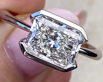 Anillo de diamantes creado en laboratorio de talla radiante, ajuste de este a oeste, anillo de medio bisel, anillo de compromiso solitario, anillo de aniversario para mujeres
