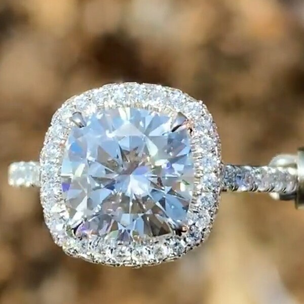 3 Carat Cushion Cut Engagement Ring,IGI Certified-Lab Grown Diamond Ring,with double edged micropave diamond halo,micro pave 3 row diamond