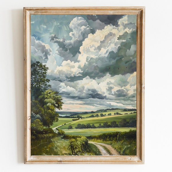 Vintage Oil Painting: Grey Clouds, Green Field, Old Road - Vintage Style Wall Art & Decor - Home, Office, Airbnb Rental,  PRINTABLE DOWNLOAD