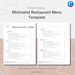 Minimal Restaurant Menu Canva Template, Editable Restaurant Menu Template, Minimalistic Menu, Restaurant Menu, DIY Menu