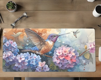 Pretty desk mat for home or office, aesthetic keyboard pad, hummingbird and flowers, friend gift, birthday for coworker gift, desk pad