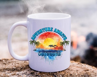 Adventure Outdoor mug, fathers day gift, camping drinkware, coffee cup for all occasions, Sunset camping gear, Cottage gift, beach memory