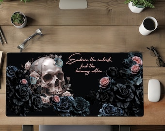Desk mat floral aesthetic, gothic desk gift, office desk mat, gift for gamer, skull theme office, coworker gift, desk protection, desk mat