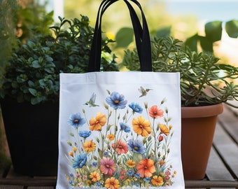wildflower tote bag, travel tote bag, pretty grocery bag, flowers and humming bird tote, birthday gift for her, nature lovers Christmas gift