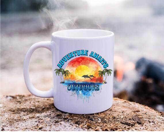 Adventure Outdoor mug, fathers day gift, camping drinkware, coffee cup for  all occasions, Sunset camping gear, Cottage gift, beach memory
