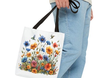 wildflower tote bag, travel tote bag, pretty grocery bag, flowers and humming bird tote, birthday gift for her, nature lovers Christmas gift