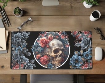 Skull desk mat, desk floral aesthetic, gothic desk gift, Christmas gift  mat, gift for gamer, skull theme office, Halloween desk protection