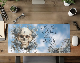 Desk mat floral aesthetic, gothic desk gift, office desk mat, gift for gamer, skull theme office, coworker gift, desk protection, desk mat