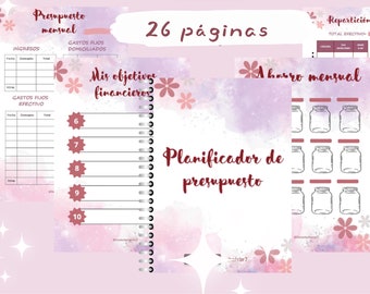 Budget planner in Spanish for the envelope method with 10 savings challenges. Finance agenda. Expense and savings diary.