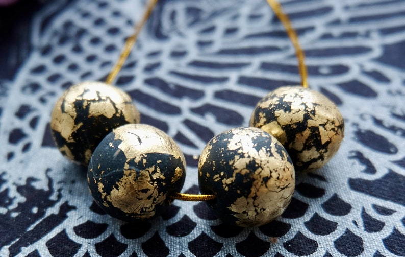 Black Luxe Necklace handmade clay beads, decorated with gold foil, for a unique and stylish look all in one necklace image 2