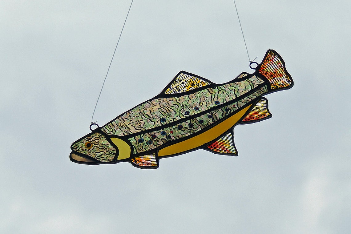 Stained Glass Brooktrout With Iridescent Glass and Upcycled Beer