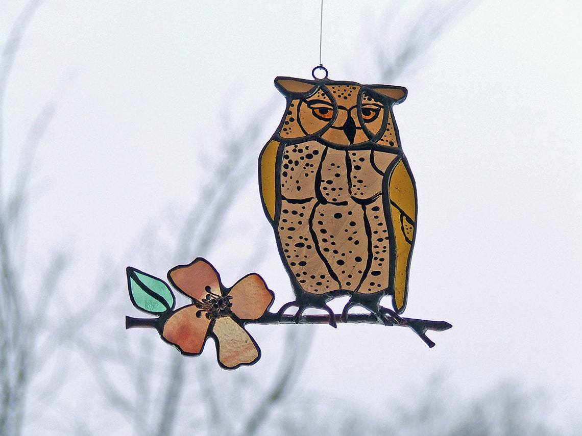Stained Glass Owl on Flowering Dogwood Branch Etsy