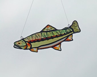 Stained Glass  Golden Trout - Hand Painted Iridescent Stained Glass - Lead Free Solder