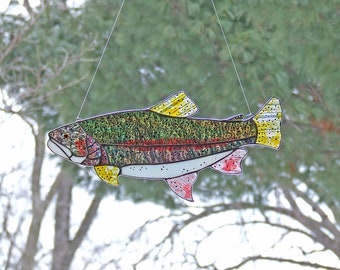 Stained Glass Trout, Large 14" Rainbow Trout Sun Catcher, Unique Gift, Fishing, Home Decor