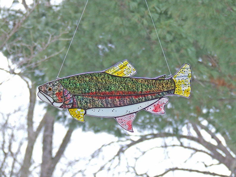 Stained Glass Trout, Large 14 Rainbow Trout Sun Catcher, Unique Gift, Fishing, Home Decor image 1