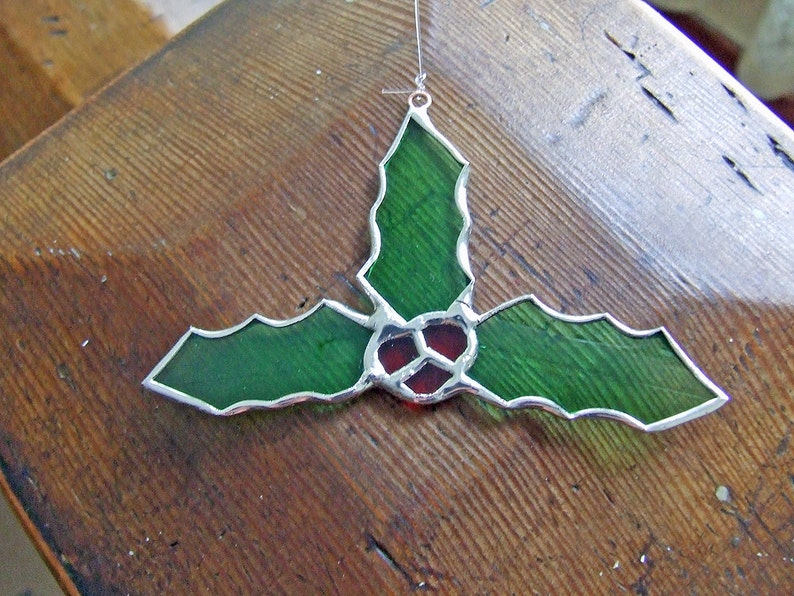 Stained Glass Holly Leaf Ornament, Unique Home Decor image 4