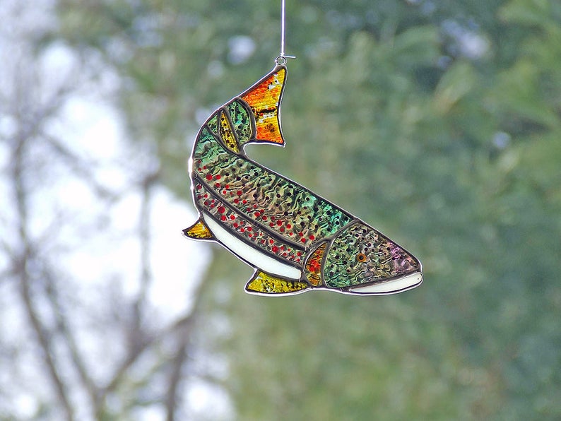 Stained Glass Brown Trout Suncatcher Hand Painted Glass Fish Etsy