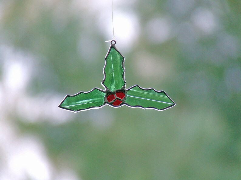 Stained Glass Holly Leaf Ornament, Unique Home Decor image 2