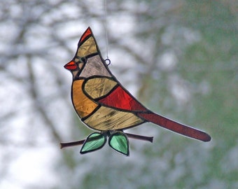 Northern cardinal – Cardinalis cardinalis – Female Cardinal – Stained Glass Sun Catcher - Natural History Stained Glass Female Cardinal