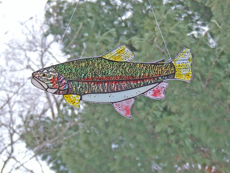 Stained Glass Trout, Large 14 Rainbow Trout Sun Catcher, Unique Gift, Fishing, Home Decor image 4