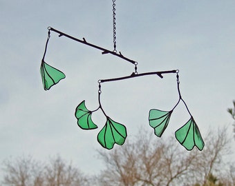 Unique Wedding Gift - Ginkgo Leaf Mobile from Reclaimed Green Bottle Glass - Anniversary Gift