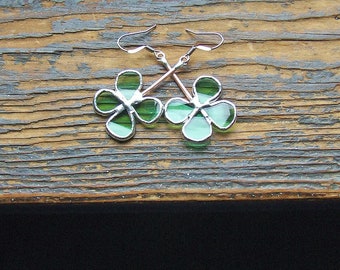 Unique Jewelry - Four Leaf Clover Reclaimed Green Glass Earrings - Stained Glass Earrings - Nature Inspired Earrings - Good Luck Gift