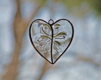 Limited Edition - Reclaimed Glass Transparent Heart from Exotic Wine Bottle - Unique Wedding Gift, Embossed Flower