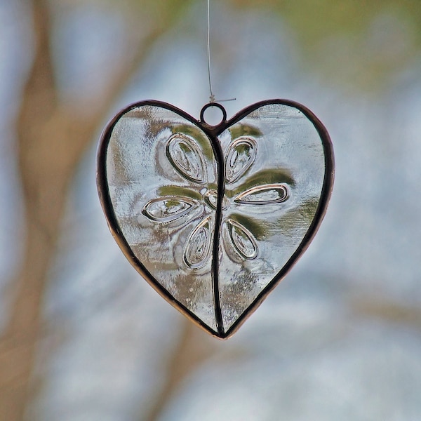 Limited Edition - Reclaimed Glass Transparent Heart from Exotic Wine Bottle - Unique Wedding Gift, Embossed Flower