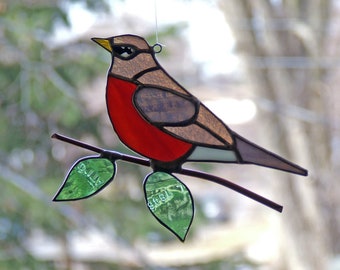 Stained Glass Robin Sun Catcher, Unique Anniversary Gift, Unique Wedding Gift, Art Glass American Robin, Hand Painted Details