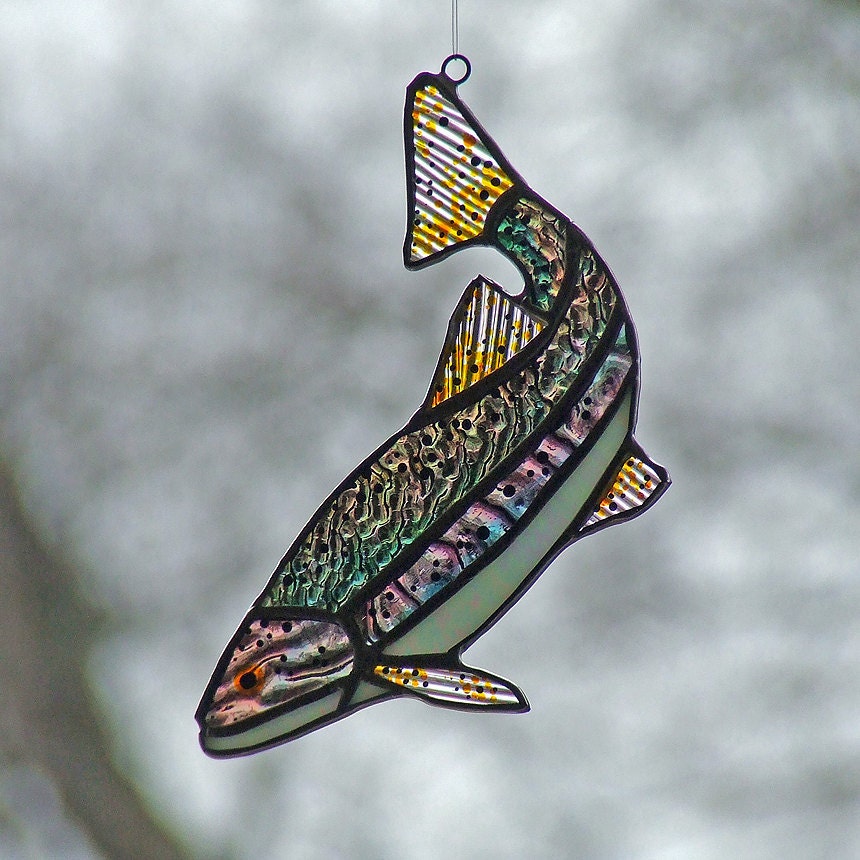 Stained Glass Trout, Rainbow Trout Fish, Unique Home Decor, Fishing
