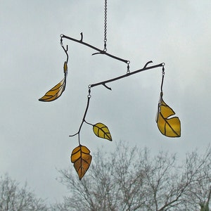 Elm Leaf Mobile, Unique Wedding Gift  from Reclaimed Amber Beer Bottle Glass